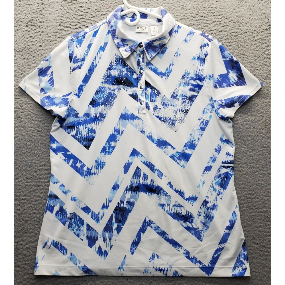 Chico's Zenergy Golf Polo Shirt Womens Medium Multi Chevron Rhinestones Stretch